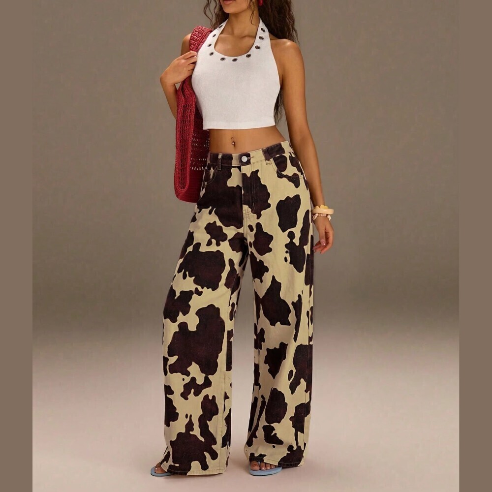 Tan Cow Print Denim Wide Leg Jeans - Picture 3 of 6